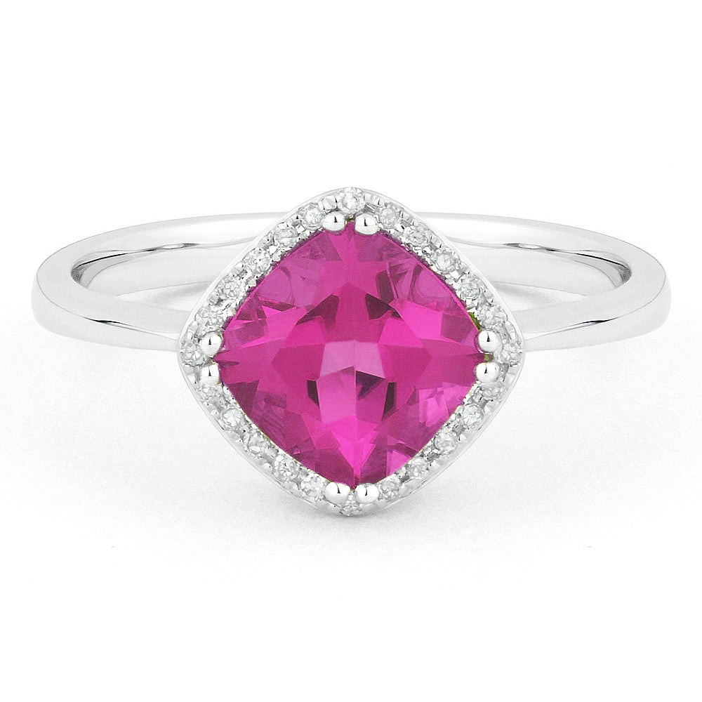 Beautiful Hand Crafted 14K White Gold 7X7MM Created Pink Sapphire And Diamond Essentials Collection Ring