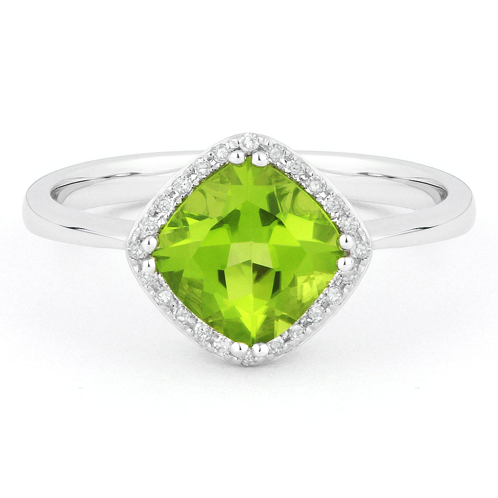 Beautiful Hand Crafted 14K White Gold 7X7MM Peridot And Diamond Essentials Collection Ring