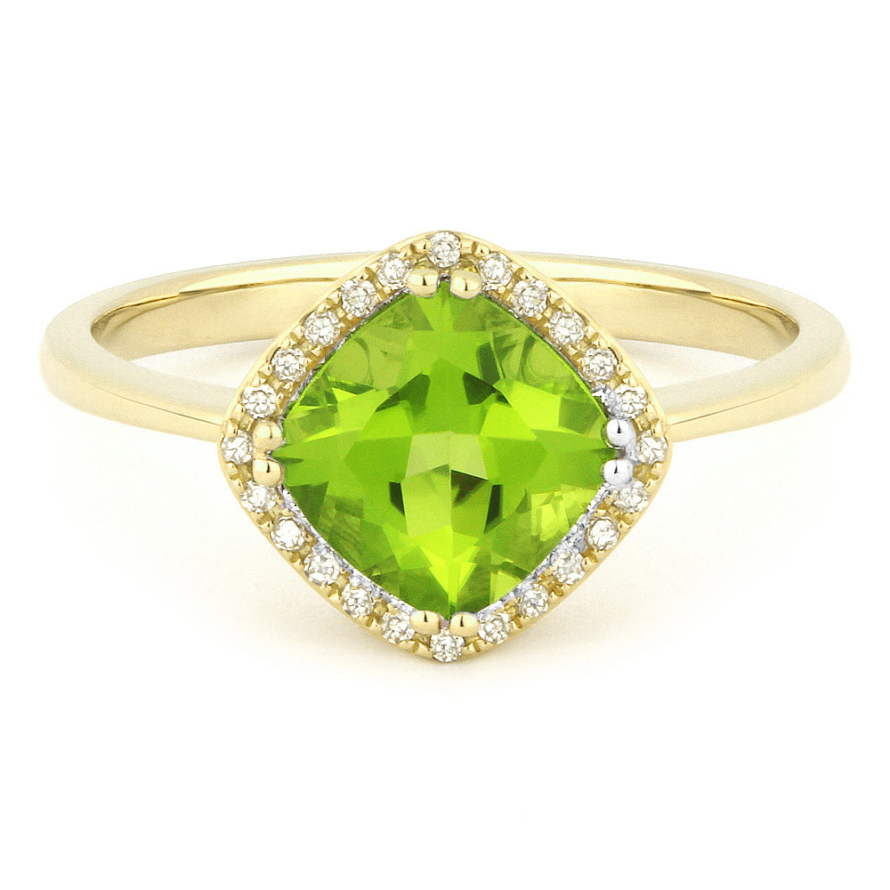 Beautiful Hand Crafted 14K Yellow Gold 7x7MM Peridot And Diamond Essentials Collection Ring