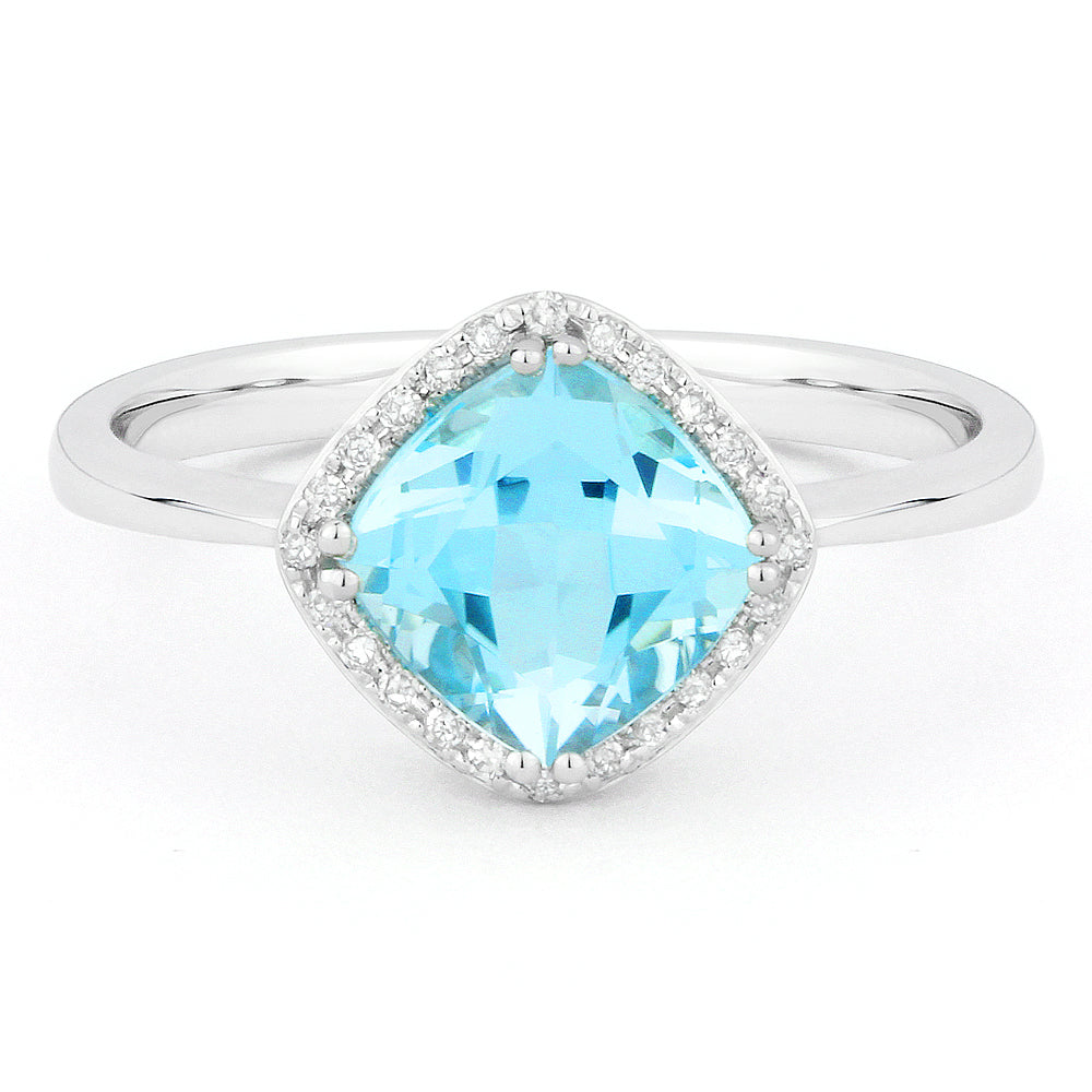 Beautiful Hand Crafted 14K White Gold 7x7MM Swiss Blue Topaz And Diamond Essentials Collection Ring