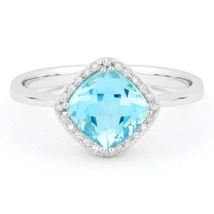 Beautiful Hand Crafted 14K White Gold 7X7MM Swiss Blue Topaz And Diamond Essentials Collection Ring