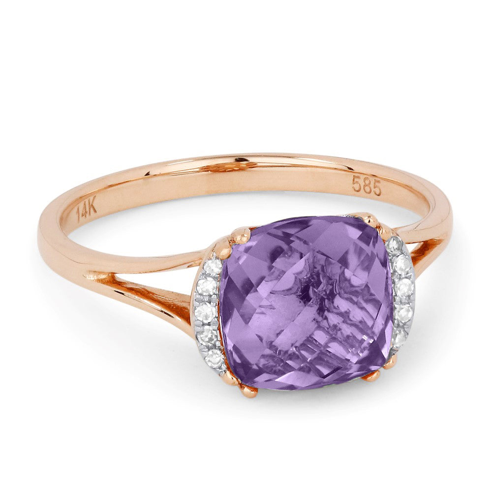 Beautiful Hand Crafted 14K Rose Gold 5X7MM Amethyst And Diamond Essentials Collection Ring