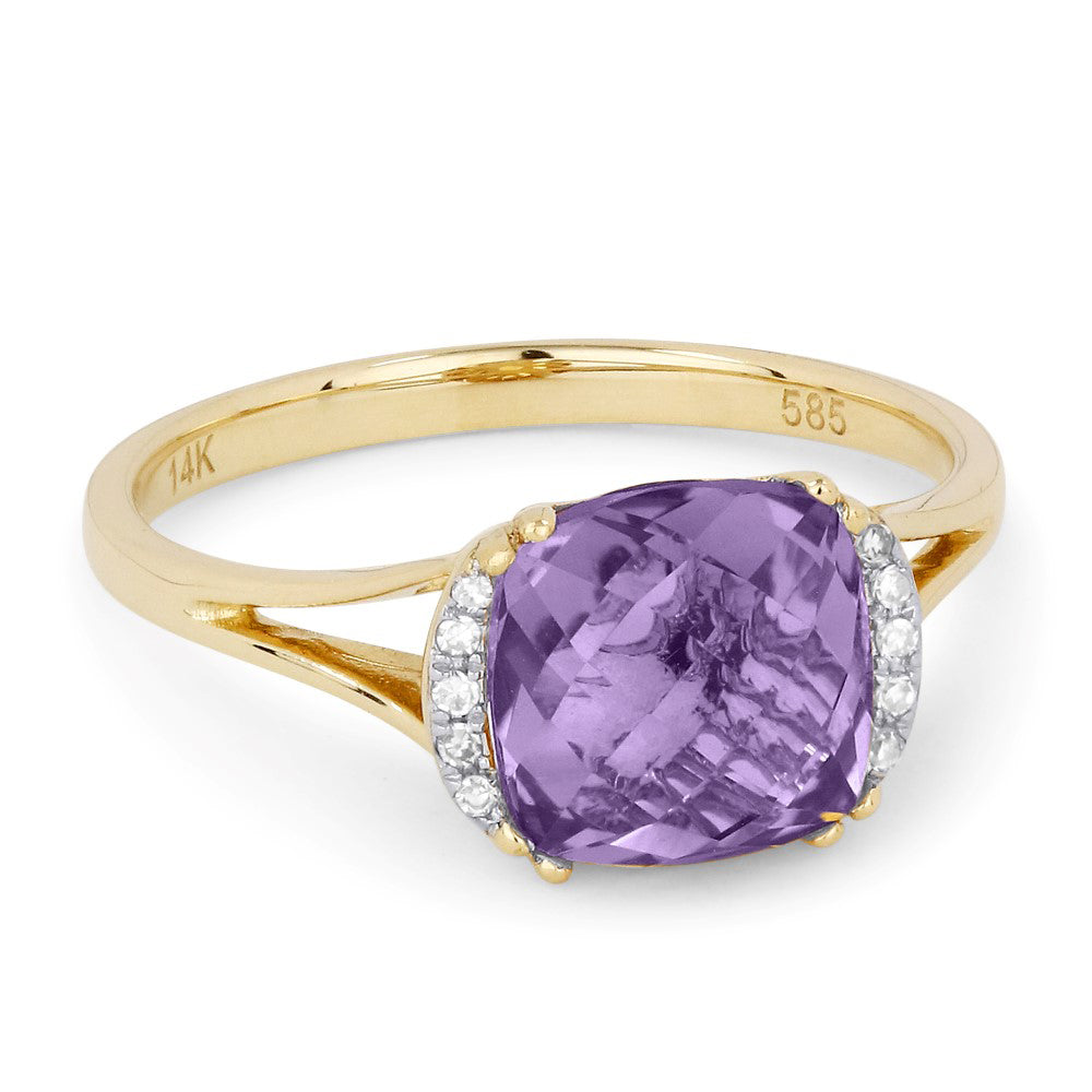 Beautiful Hand Crafted 14K Yellow Gold 5X7MM Amethyst And Diamond Essentials Collection Ring