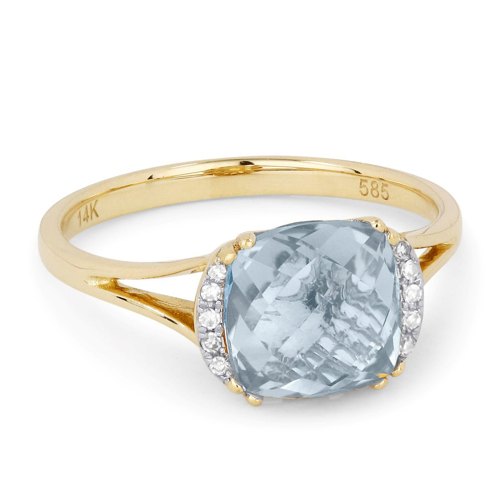 Beautiful Hand Crafted 14K Yellow Gold 5X7MM Aquamarine And Diamond Essentials Collection Ring