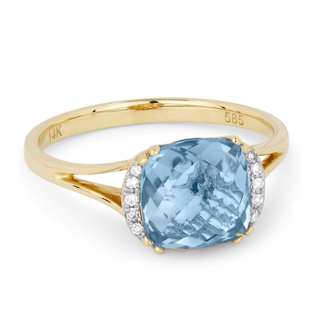 Beautiful Hand Crafted 14K Yellow Gold 5X7MM Blue Topaz And Diamond Essentials Collection Ring