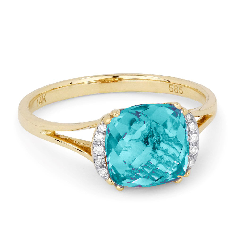 Beautiful Hand Crafted 14K Yellow Gold 5X7MM Created Tourmaline Paraiba And Diamond Essentials Collection Ring