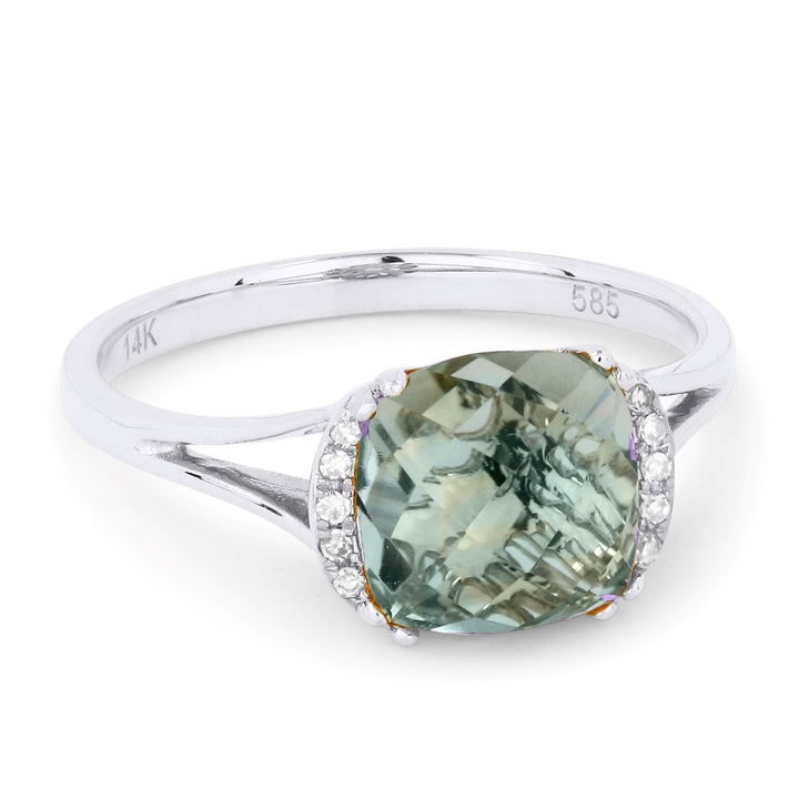 Beautiful Hand Crafted 14K White Gold 5X7MM Green Amethyst And Diamond Essentials Collection Ring
