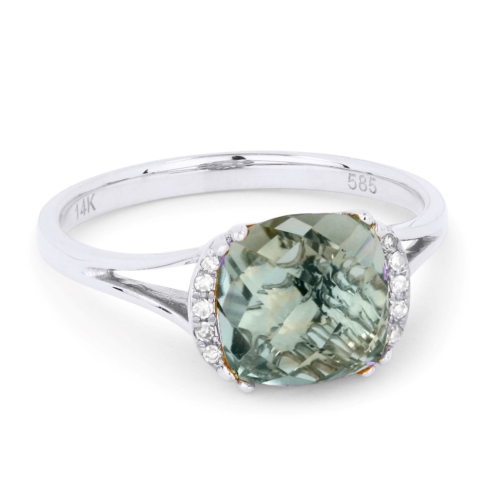 Beautiful Hand Crafted 14K White Gold 5X7MM Green Amethyst And Diamond Essentials Collection Ring