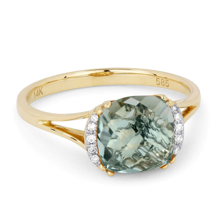 Beautiful Hand Crafted 14K Yellow Gold 5X7MM Green Amethyst And Diamond Essentials Collection Ring