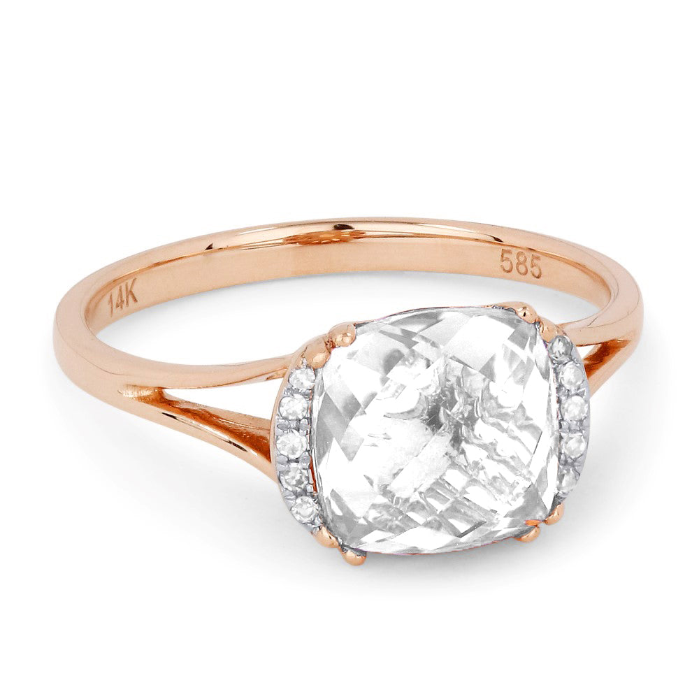 Beautiful Hand Crafted 14K Rose Gold 5X7MM White Topaz And Diamond Essentials Collection Ring