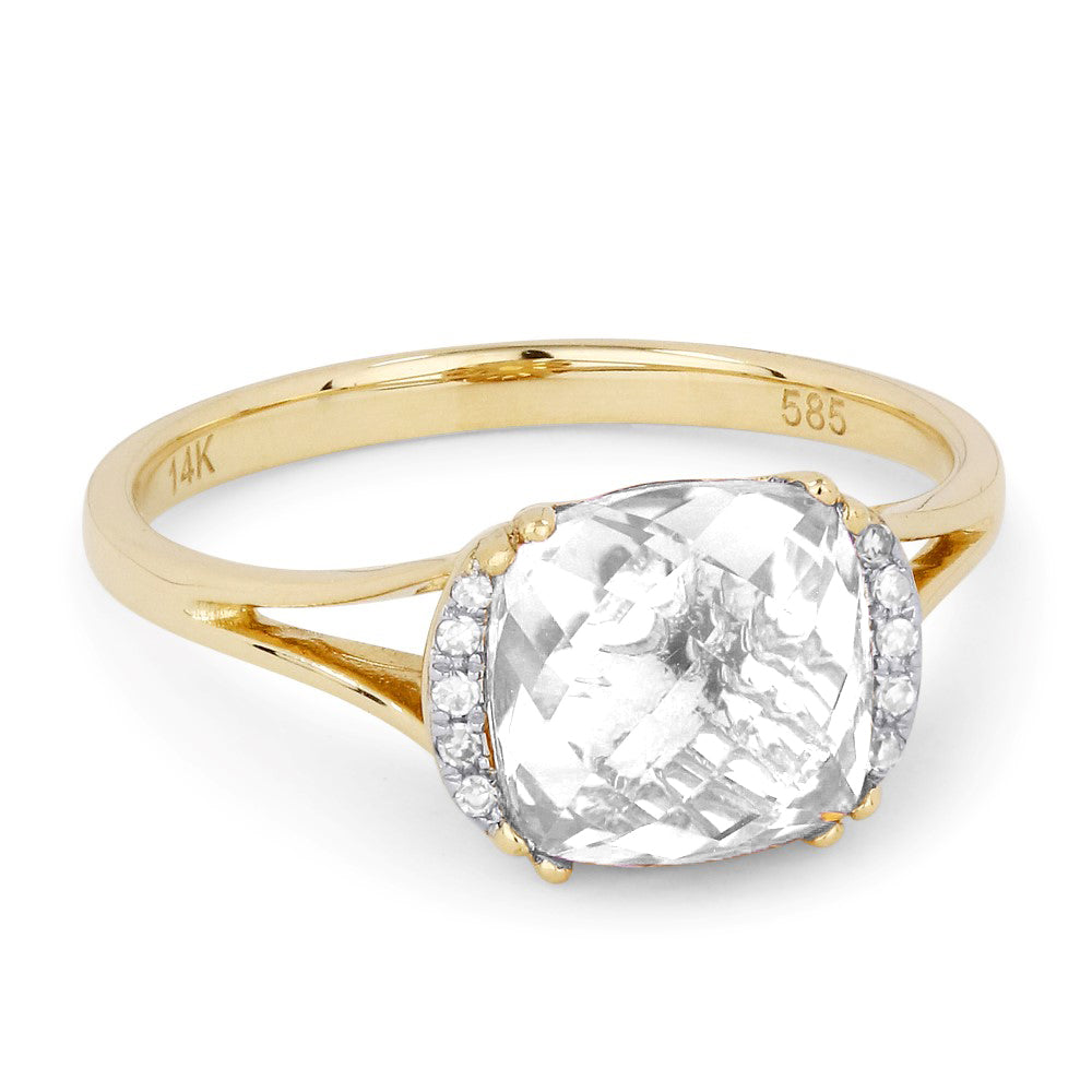 Beautiful Hand Crafted 14K Yellow Gold 5X7MM White Topaz And Diamond Essentials Collection Ring