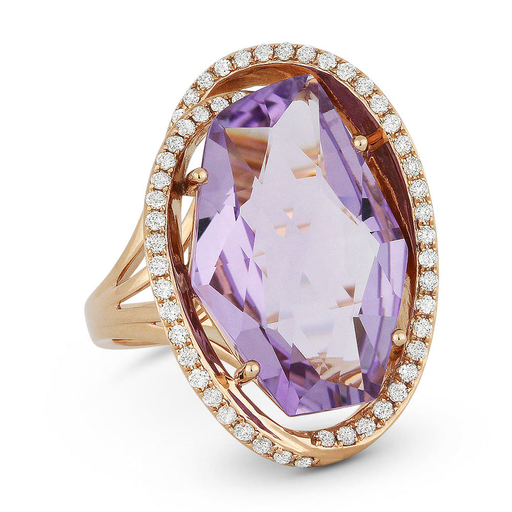 Beautiful Hand Crafted 14K Rose Gold 13x19MM Amethyst And Diamond Essentials Collection Ring