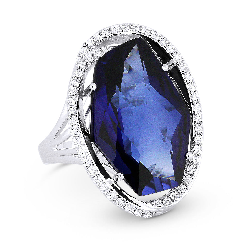 Beautiful Hand Crafted 14K White Gold 13X19MM Created Sapphire And Diamond Essentials Collection Ring