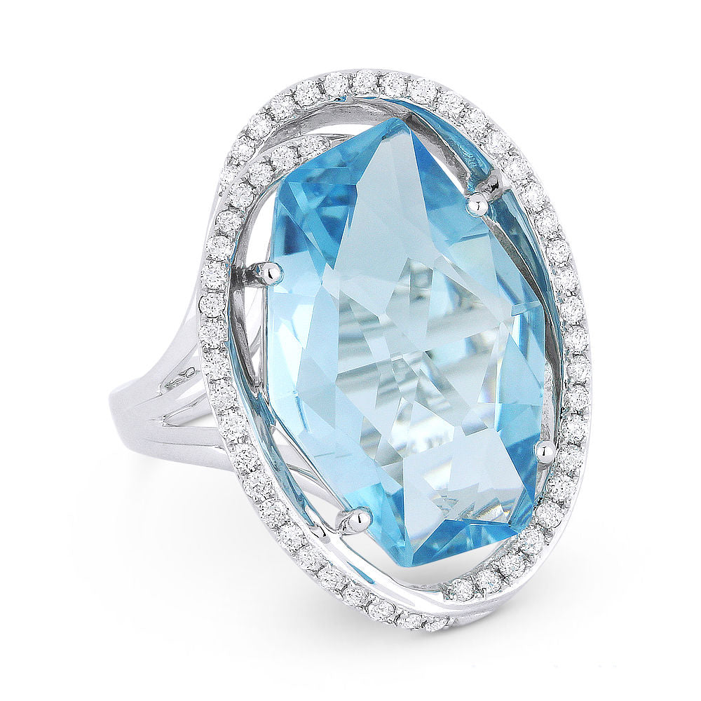 Beautiful Hand Crafted 14K White Gold 13X19MM Blue Topaz And Diamond Essentials Collection Ring