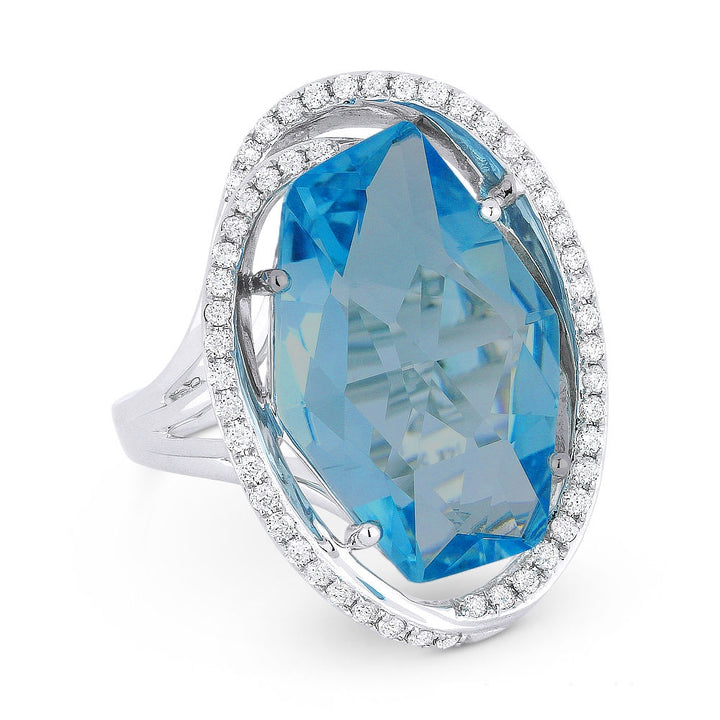 Beautiful Hand Crafted 14K White Gold 13x19MM London Blue Topaz And Diamond Essentials Collection Ring