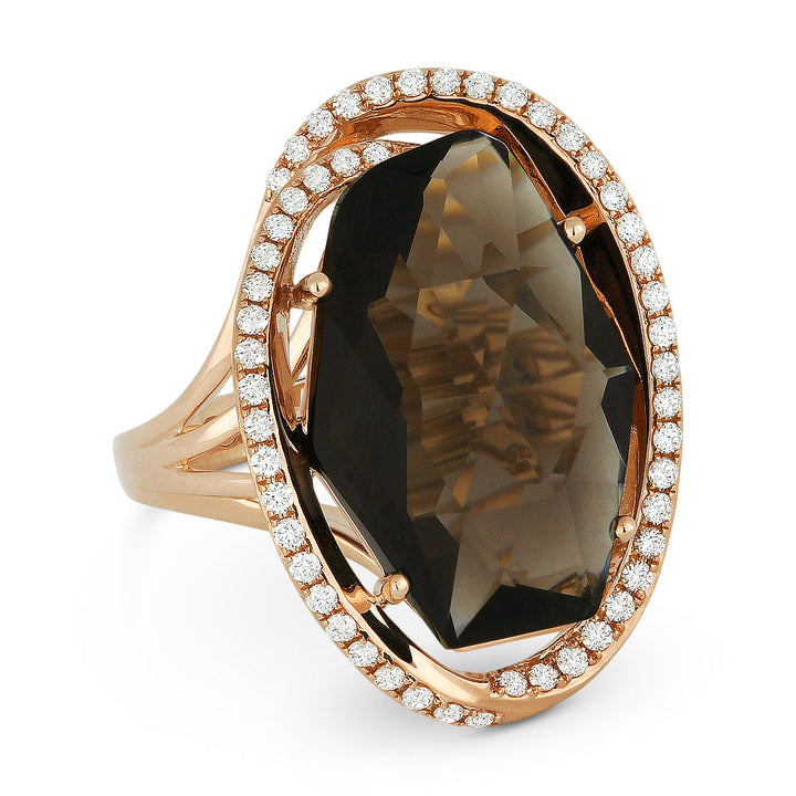 Beautiful Hand Crafted 14K Rose Gold 13X19MM Smokey Topaz And Diamond Essentials Collection Ring