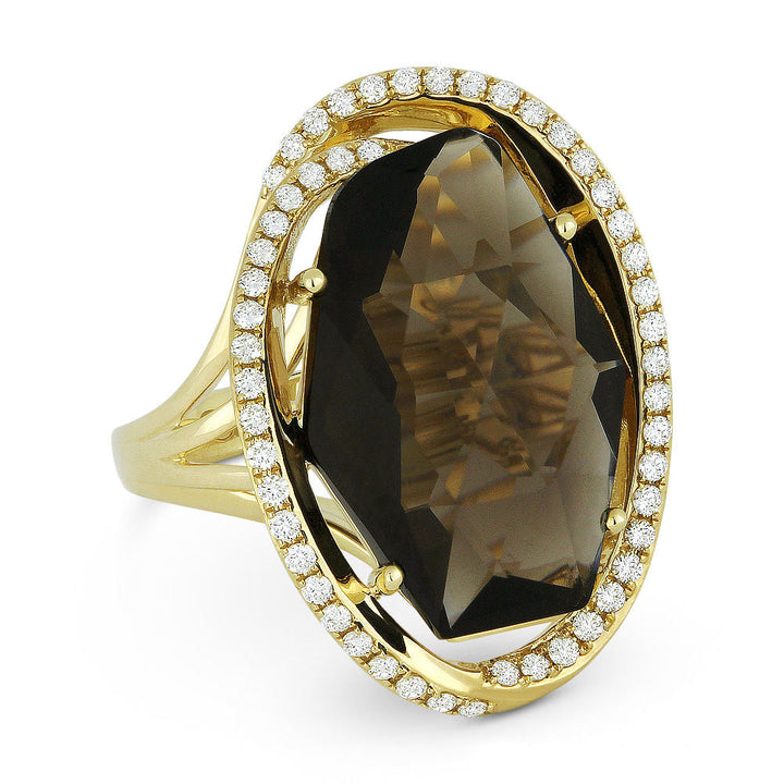 Beautiful Hand Crafted 14K Yellow Gold 13x19MM Smokey Topaz And Diamond Essentials Collection Ring