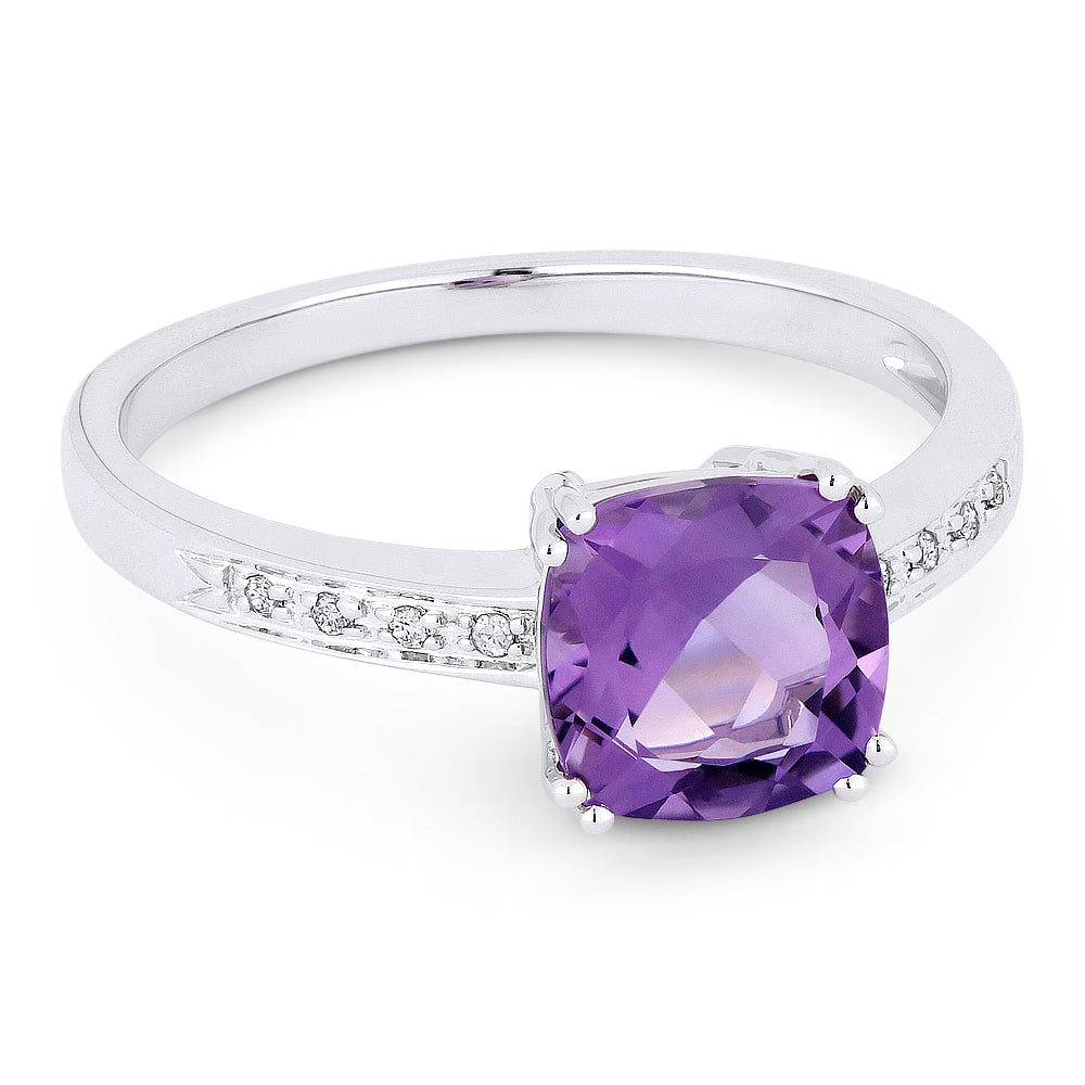 Beautiful Hand Crafted 14K White Gold 7MM Amethyst And Diamond Essentials Collection Ring