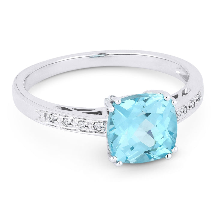 Beautiful Hand Crafted 14K White Gold 7MM Blue Topaz And Diamond Essentials Collection Ring
