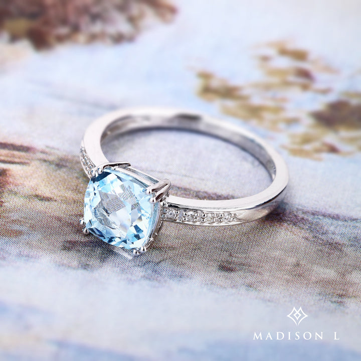 Beautiful Hand Crafted 14K White Gold 7MM Blue Topaz And Diamond Essentials Collection Ring