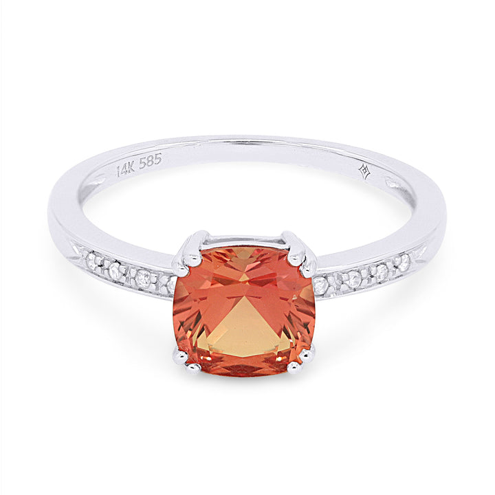 Beautiful Hand Crafted 14K White Gold 7MM Created Padparadscha And Diamond Essentials Collection Ring