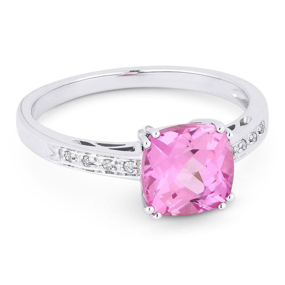 Beautiful Hand Crafted 14K White Gold 7MM Created Pink Sapphire And Diamond Essentials Collection Ring