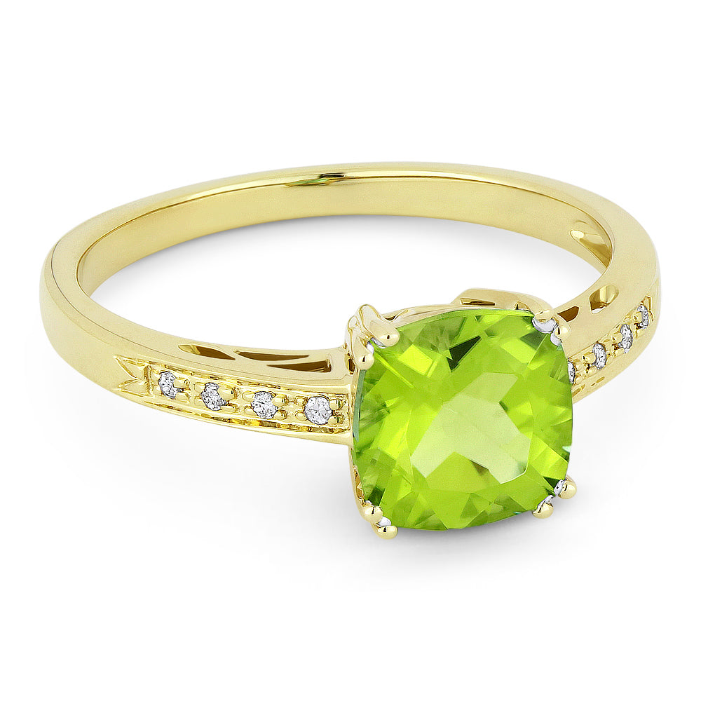 Beautiful Hand Crafted 14K Yellow Gold 7MM Peridot And Diamond Essentials Collection Ring