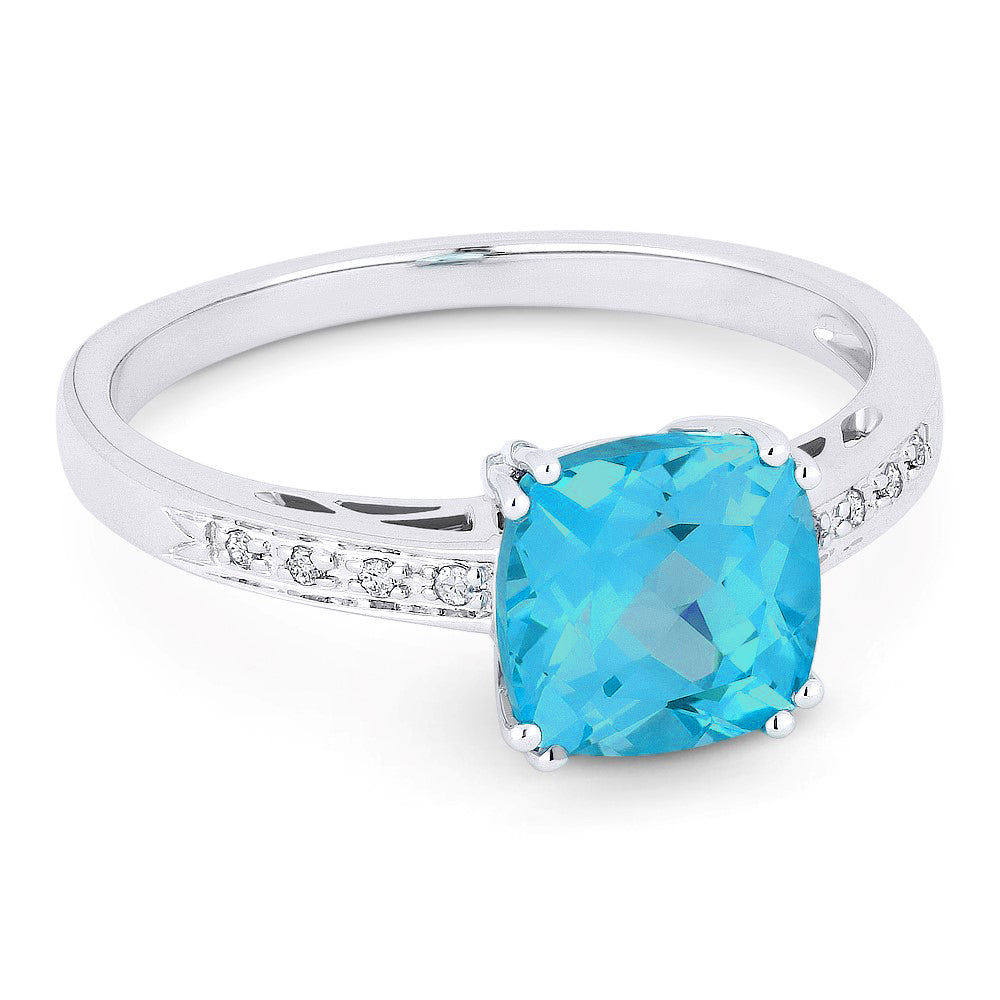 Beautiful Hand Crafted 14K White Gold 7MM Swiss Blue Topaz And Diamond Essentials Collection Ring