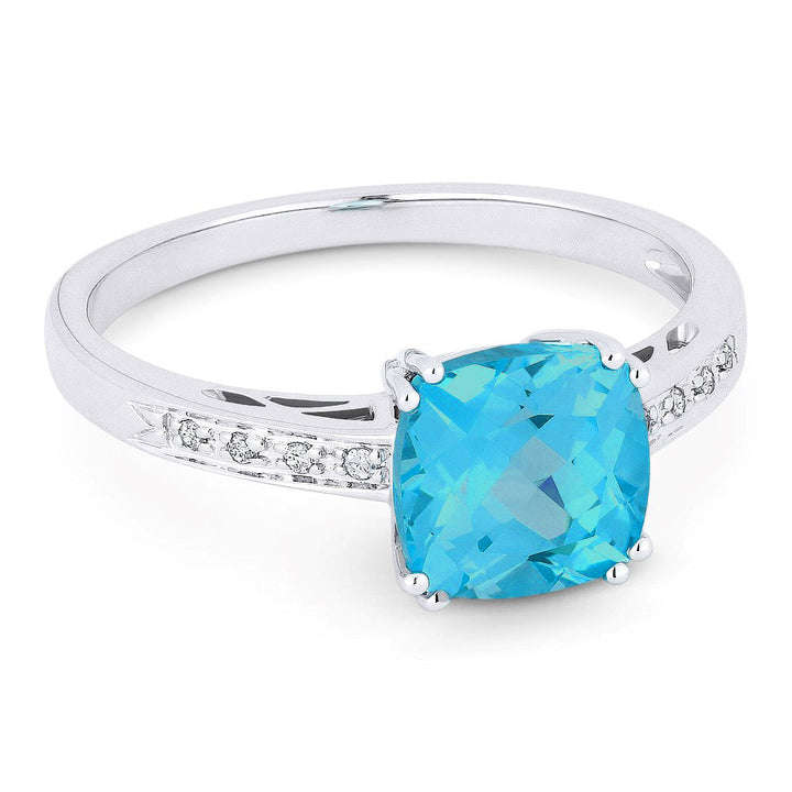 Beautiful Hand Crafted 14K White Gold 7MM Swiss Blue Topaz And Diamond Essentials Collection Ring