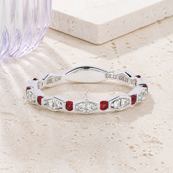R1109 - 18K White Gold Emerald & Ruby Stackable Ring