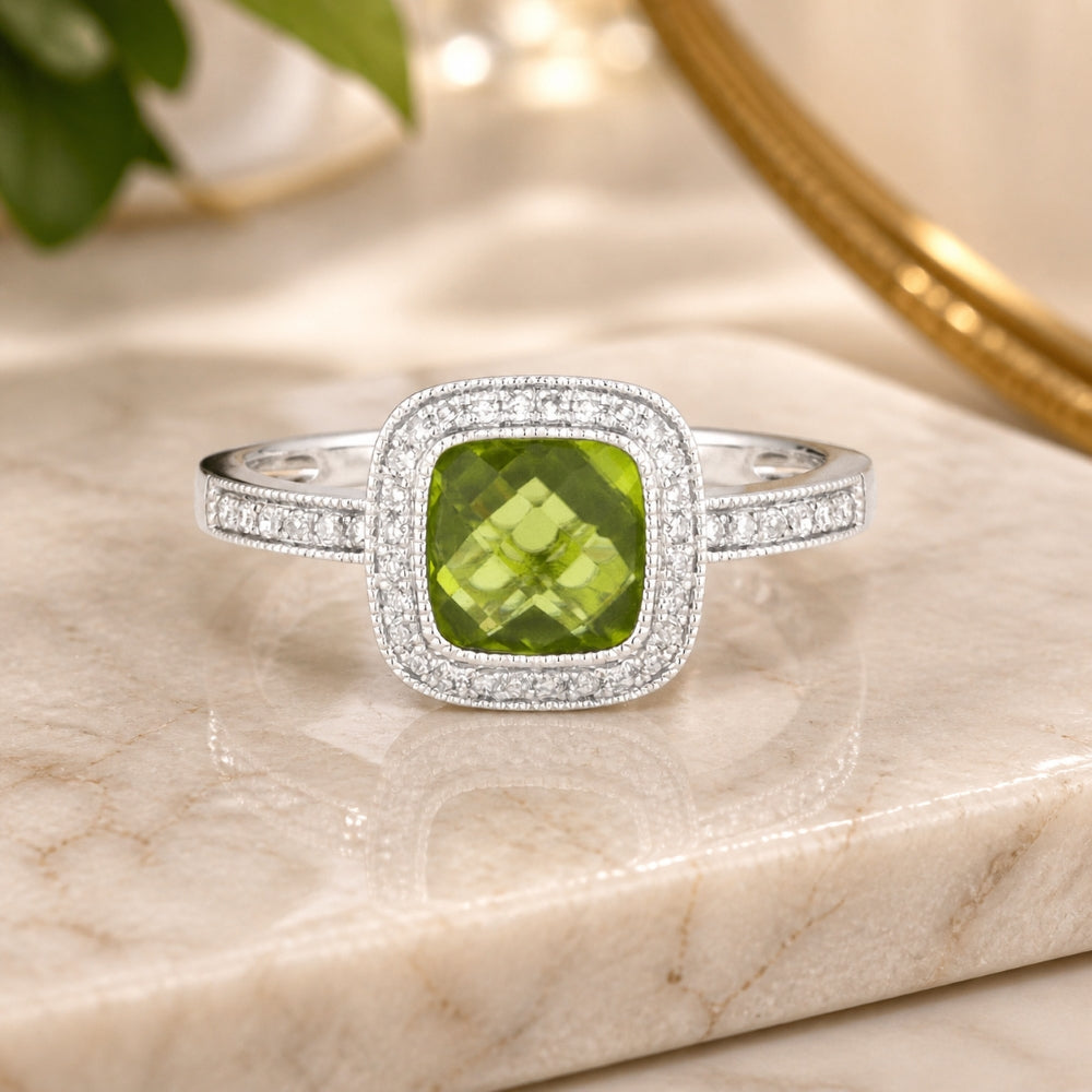 R1121 - 14K White Gold Peridot & White Topaz Cushion Ring