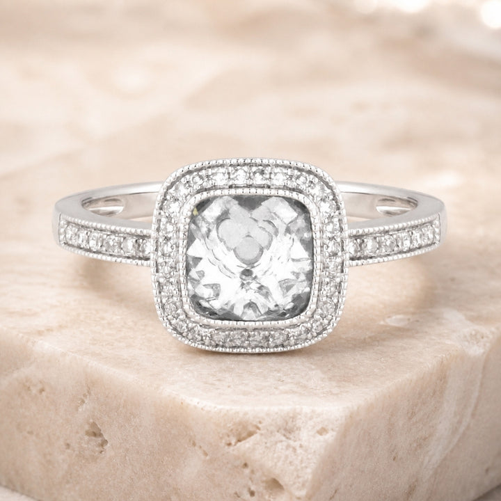 R1121 - 14K White Gold Peridot & White Topaz Cushion Ring