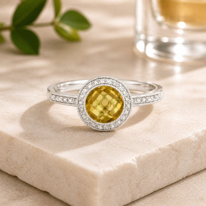 R1122 - 14K White Gold Citrine & Created Pink Sapphire Round Ring