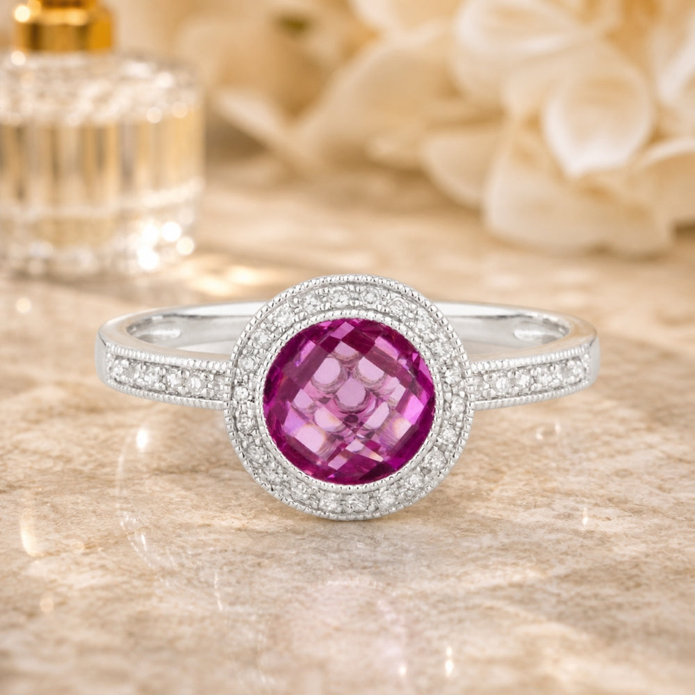 R1122 - 14K White Gold Citrine & Created Pink Sapphire Round Ring