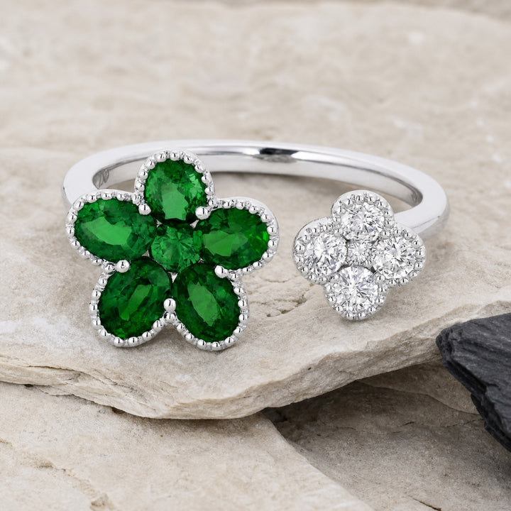 R1139 - 18K White Gold Emerald, Ruby & Sapphire Flower Ring