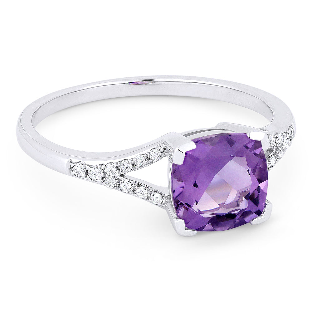 Beautiful Hand Crafted 14K White Gold 6MM Amethyst And Diamond Essentials Collection Ring