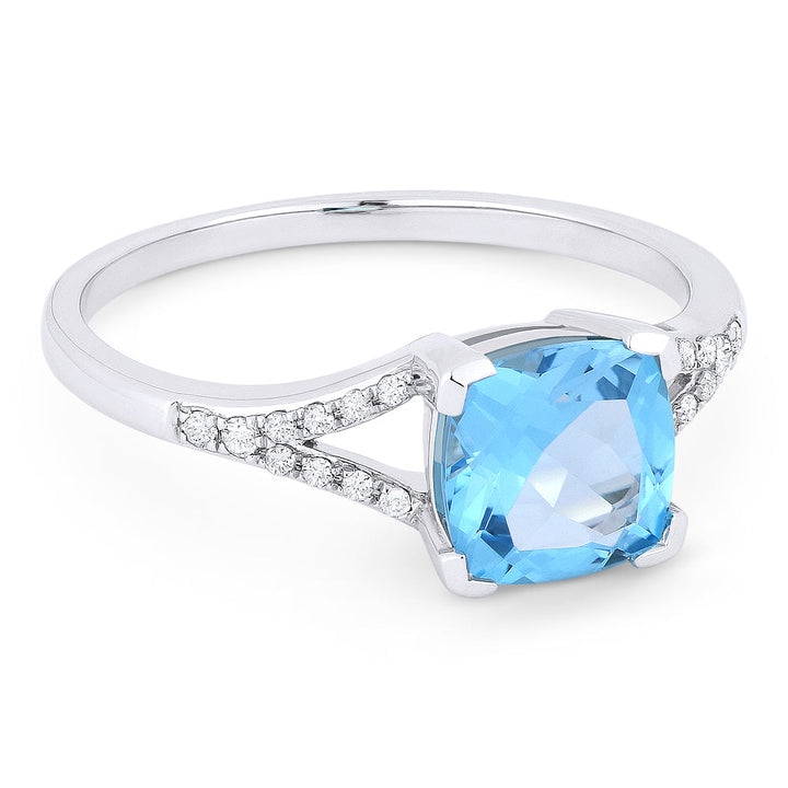 Beautiful Hand Crafted 14K White Gold 6MM Blue Topaz And Diamond Essentials Collection Ring