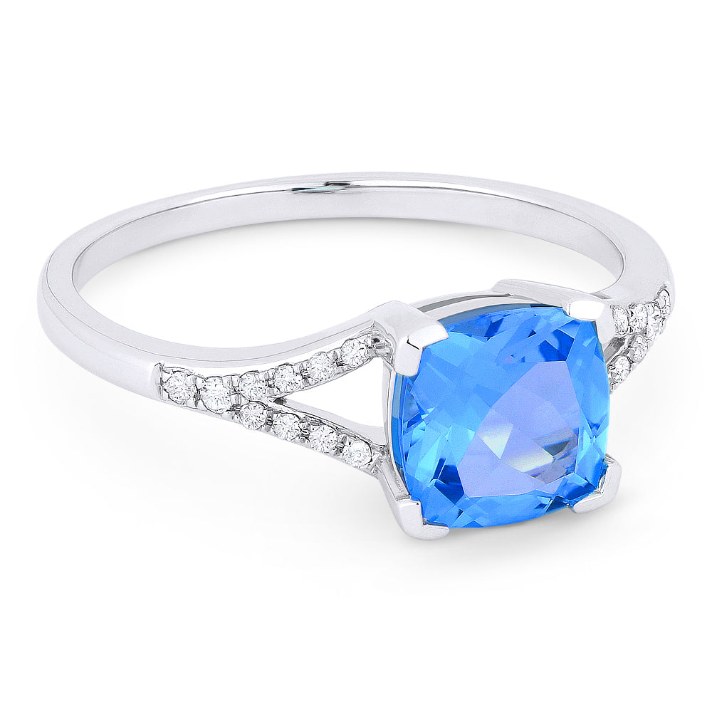 Beautiful Hand Crafted 14K White Gold 6MM Swiss Blue Topaz And Diamond Essentials Collection Ring