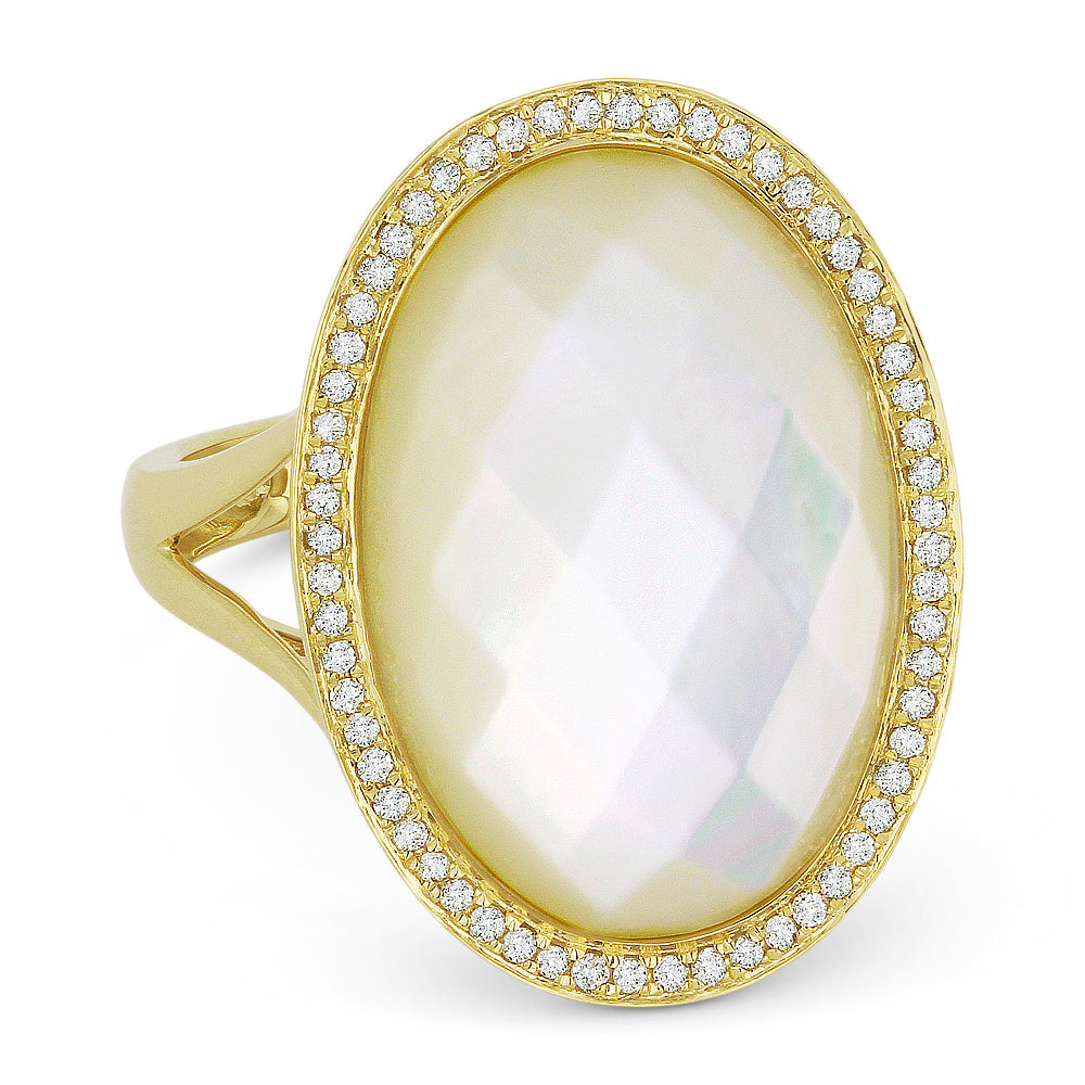 Beautiful Hand Crafted 14K Yellow Gold 13X20MM Mother Of Pearl And Diamond Eclectica Collection Ring