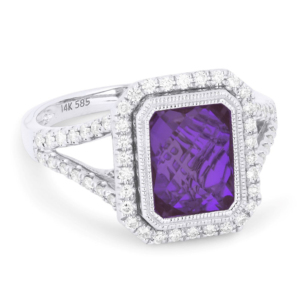 Beautiful Hand Crafted 14K White Gold 9x7MM Amethyst And Diamond Essentials Collection Ring