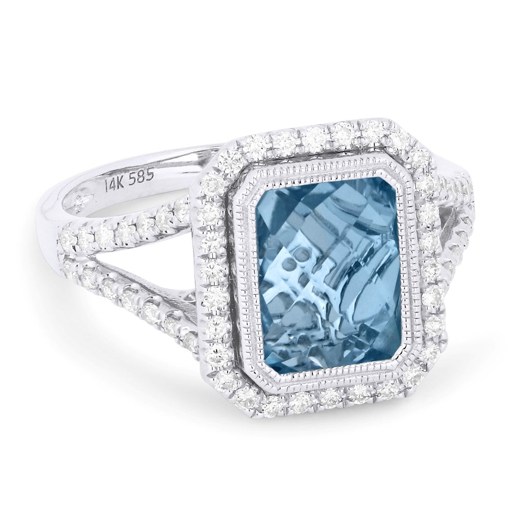 Beautiful Hand Crafted 14K White Gold 9x7MM Blue Topaz And Diamond Essentials Collection Ring