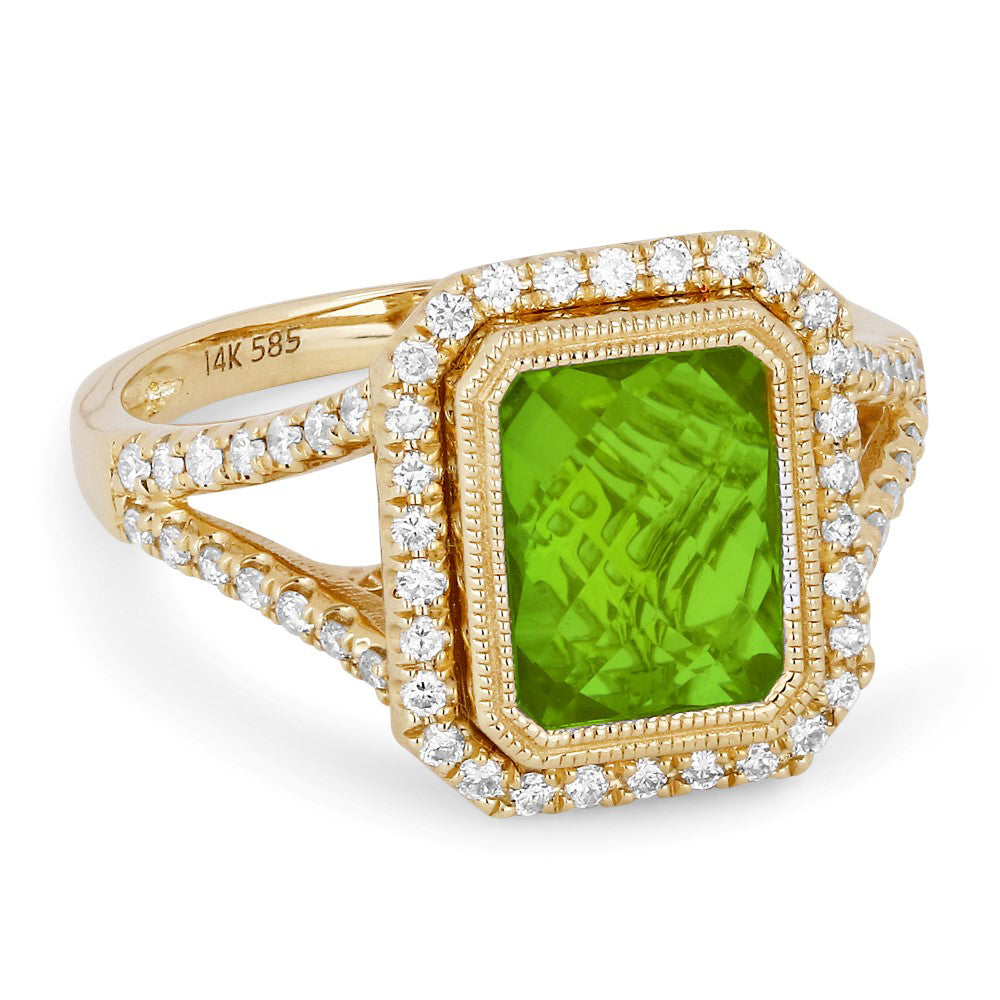 Beautiful Hand Crafted 14K Yellow Gold 9X7MM Peridot And Diamond Essentials Collection Ring