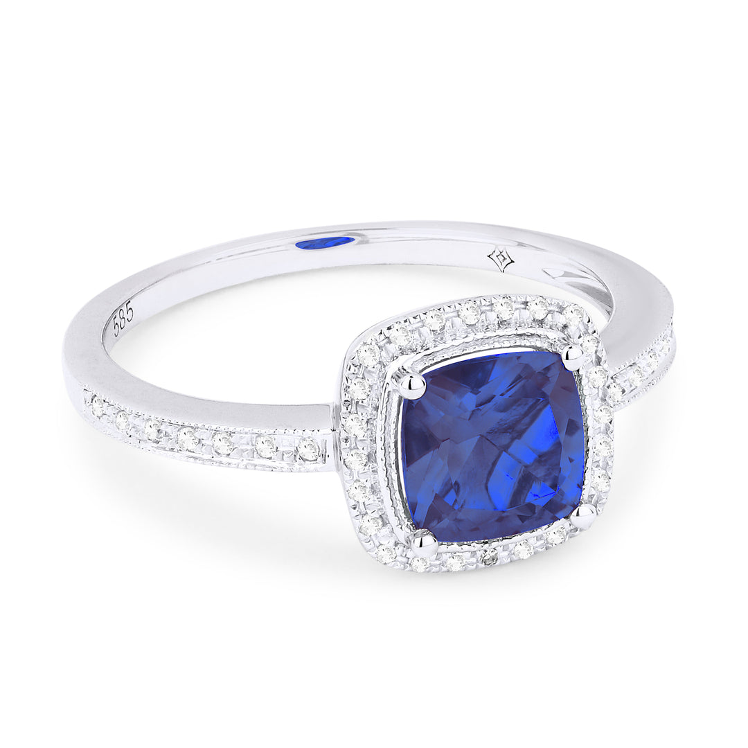 Beautiful Hand Crafted 14K White Gold 6MM Created Sapphire And Diamond Eclectica Collection Ring