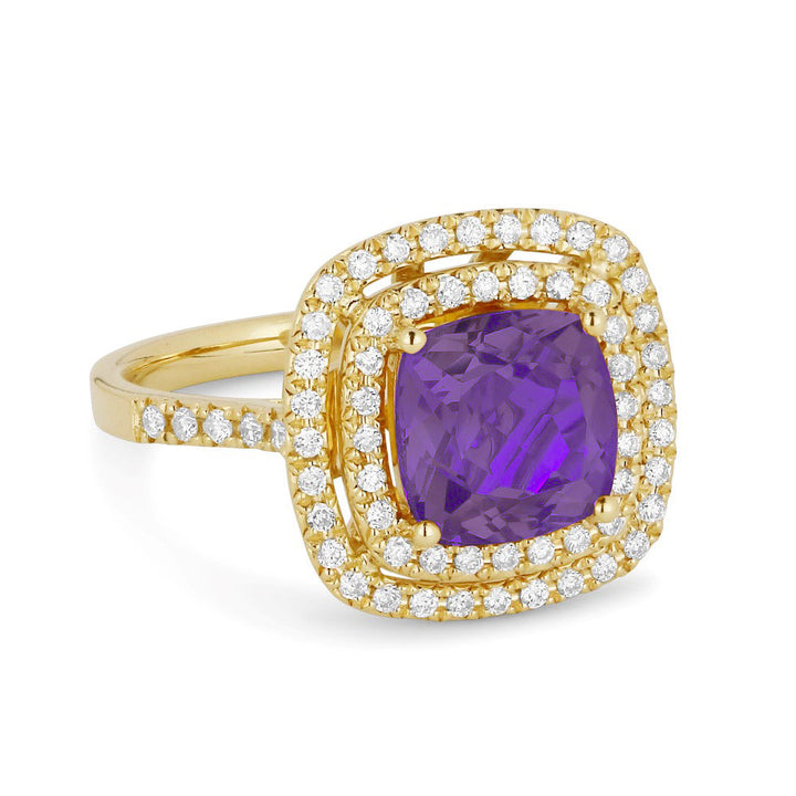 Beautiful Hand Crafted 14K Yellow Gold 8MM Amethyst And Diamond Essentials Collection Ring