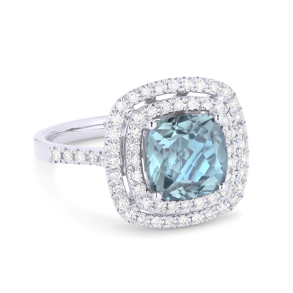 Beautiful Hand Crafted 14K White Gold 8MM Blue Topaz And Diamond Essentials Collection Ring