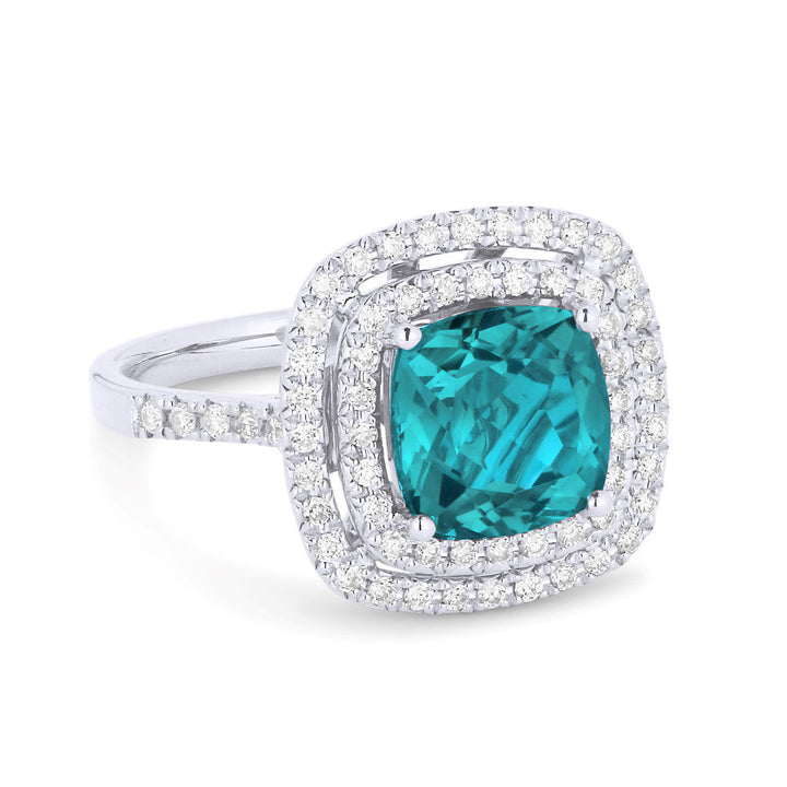 Beautiful Hand Crafted 14K White Gold 8MM Created Tourmaline Paraiba And Diamond Essentials Collection Ring