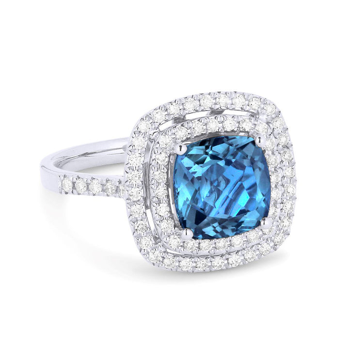 Beautiful Hand Crafted 14K White Gold 8MM Swiss Blue Topaz And Diamond Essentials Collection Ring