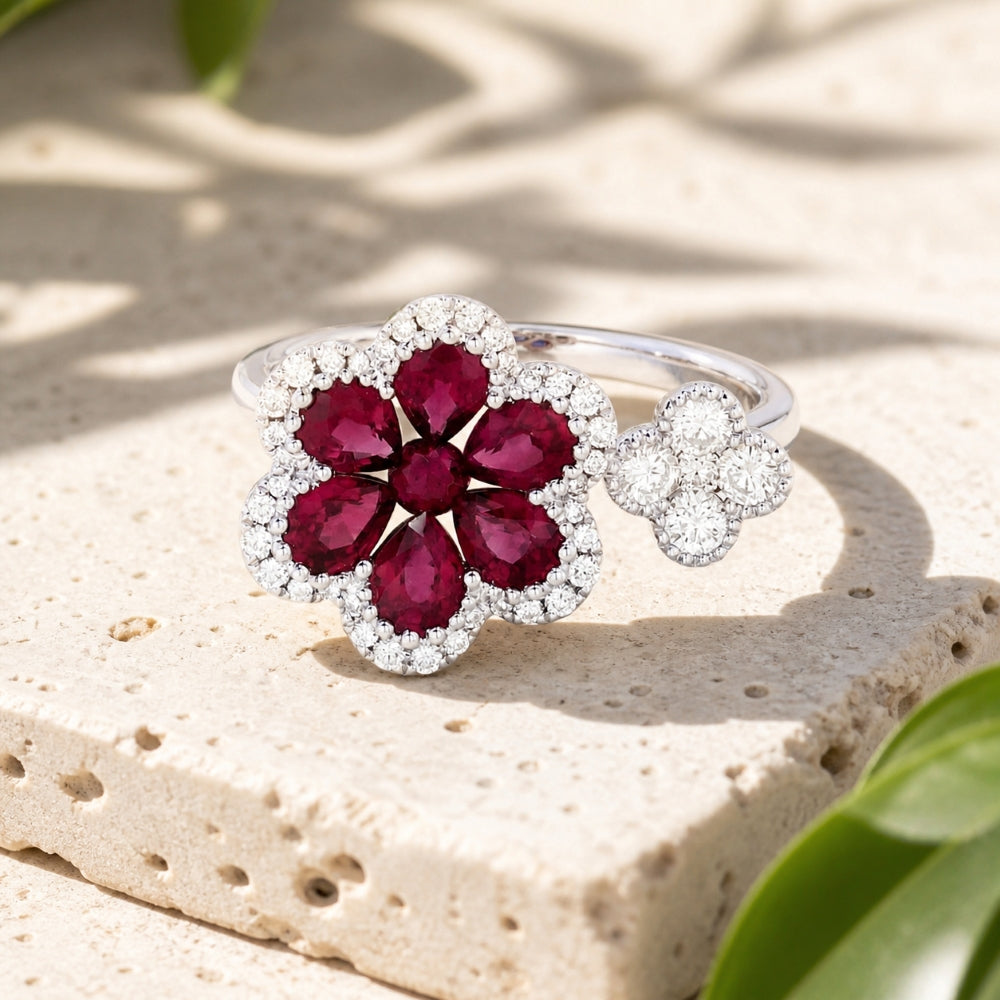 R1202 - 18K White Gold Emerald, Ruby & Sapphire Flower Ring