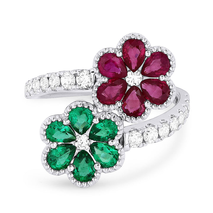 Beautiful Hand Crafted 14K White Gold  Ruby & Emerald And Diamond Arianna Collection Ring