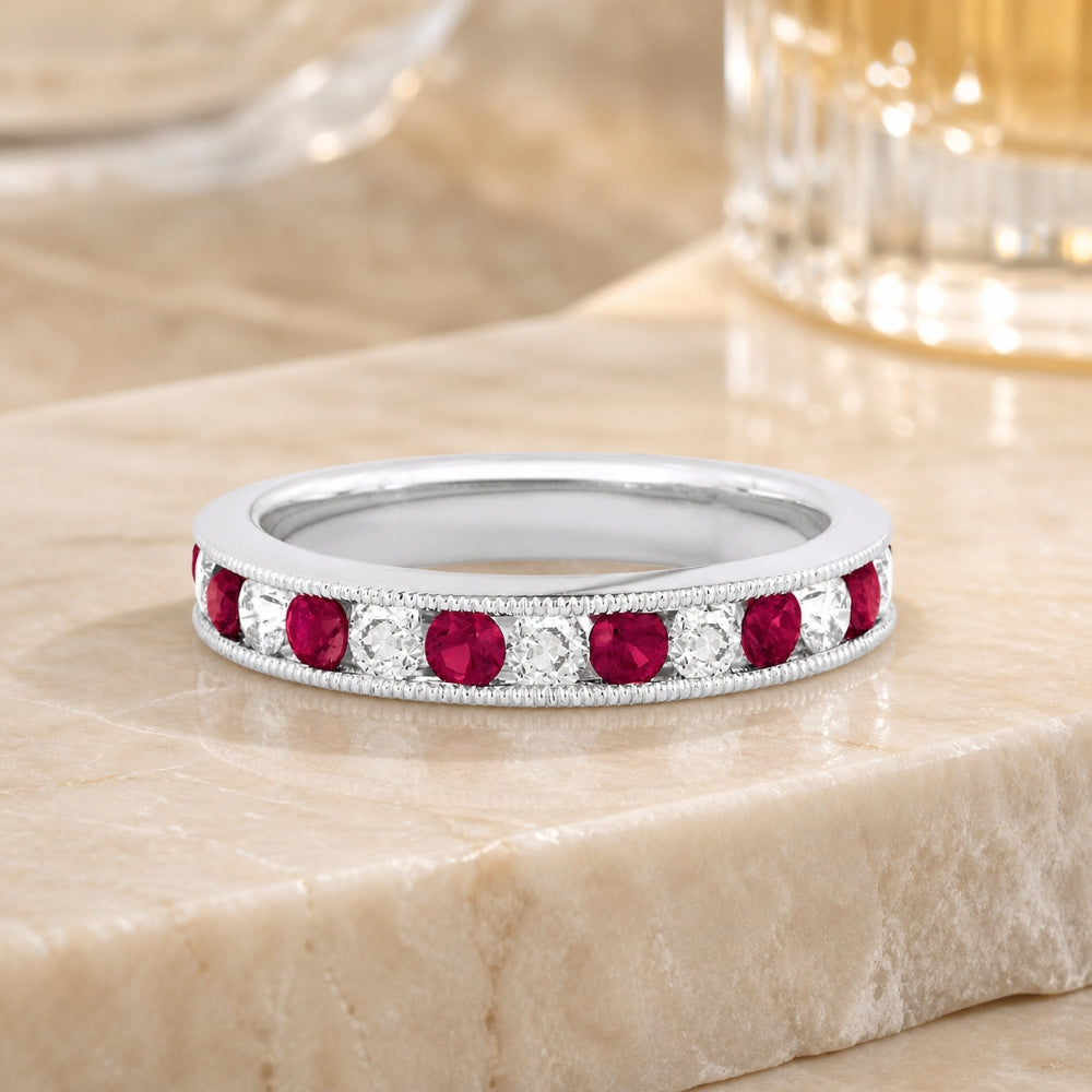 R1266 - 18K White Gold Emerald, Ruby & Sapphire Stackable Ring